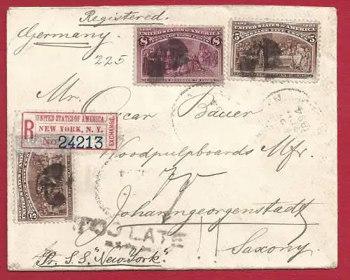 1894 USA, Nr. 104(2)+106 auf Brief nach Sachsen