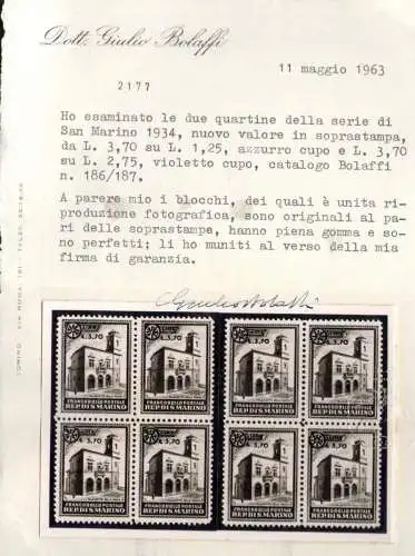 1934 SAN MARINO Palazzetti in Quartina Nr. 184/85 mnh/** Zertifikat. Giulio Bolaffi