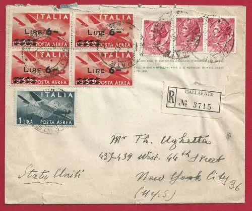 1957 ITALIEN, Luftpost 126 + 135 (4) + Nr. 771 (3) per Brief nach New York