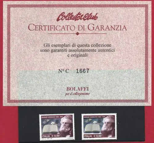 2007 ITALIEN Nr. 2995Da Carducci, Verschobendruck, MNH** VERSCHIEDENE zertifizierte Ballffi-Garantie