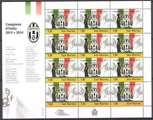 2014 San Marino, Juventus italienischer Meister 2013-2014 Minifoglio 12 v postfrisch**