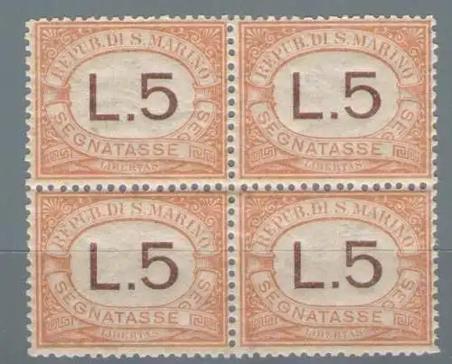 1925 SAN MARINO, Schilder 5 Lire orange im Viertel Nr. 26 - Centratissimo - postfrisch **