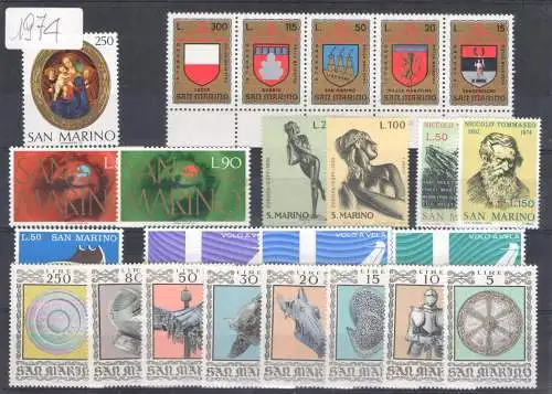 1974 San Marino, Vollständiges Jahr, neue Briefmarken 24 Werte - postfrisch**