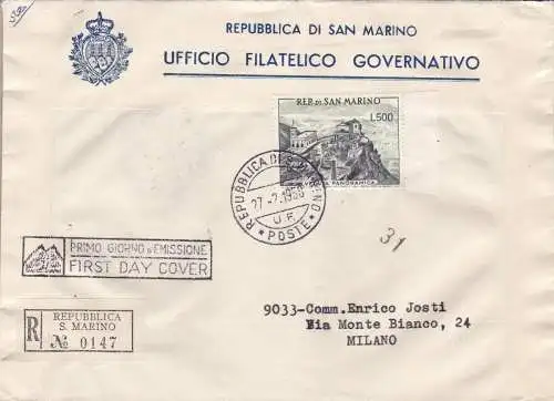 1952 SAN MARINO - Nr. 475 Panorama 500 Lire auf ERSTER TAG UMSCHLAG