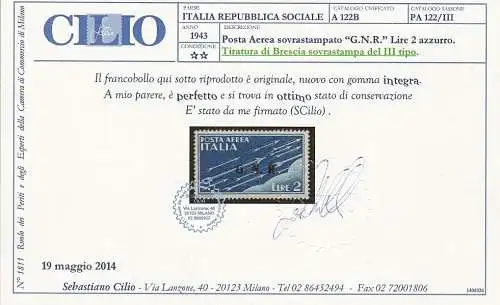 1944 Italienische Sozialrepublik, PA Nr. 122/III MNH** - Cilio Zertifikat