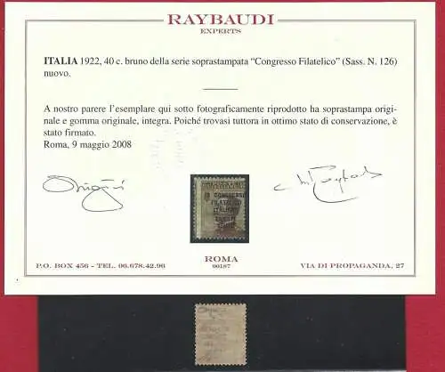 1922 Italien, Nr. 126 - 40 Cent braun postfrisch ** Raybaudi Zertifikat