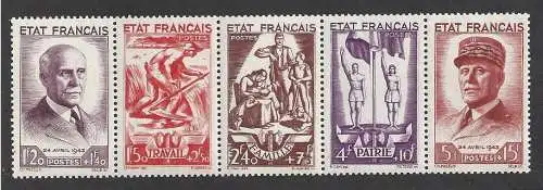 1943 FRANKREICH - Nr. 576/580 Nationale Rettung - 5-Werte-STREIFEN - POSTFRISCH**