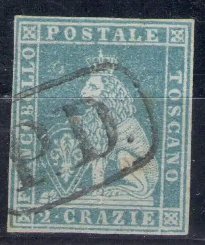 1851-52 Toskana, Nr. 5, 2 verrückte hellblau auf grau, signiert Alberto Diena