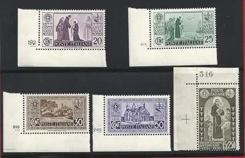 1931 Italien - Königreich, Nr. 292/295 + 298 mnh ** Tischnummer