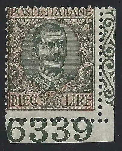 1910 Italien - Königreich, Vittorio Emanuele III, Nr. 91 10 Lire mnh** Nr. VOM TISCH