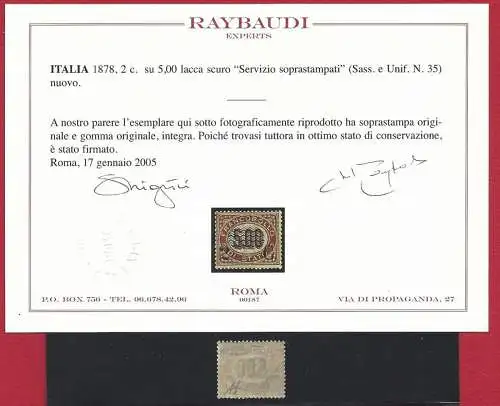 1878 Italien, Nr. 35 MNH Überdruckter Service** Raybaudi zertifiziert