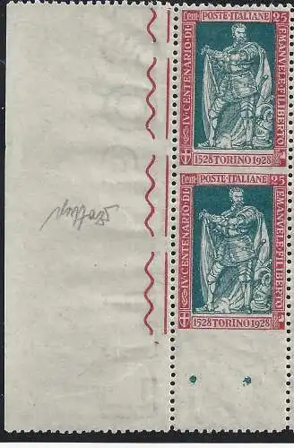 1928 Italien - Königreich, Emanuele Filiberto, Nr. 227o MNH ** VERTIKALES PAAR BLATTWINKEL