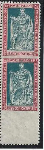 1928 Italien - Königreich, Emanuele Filiberto, Nr. 227o MNH ** KAFFEEZERTIFIZIERTES VERTIKALES PAAR