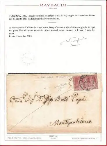 1851-52 Toskana, Nr. 4d 1 verrücktes Paar auf Raybaudi Zertifikat Brief