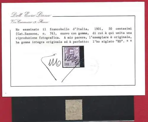 1901 Italien - Königreich, Nr. 76 Floreale 50 Cent. MNH** Zertifikat E.Diena