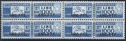 1954 TRIEST A - Postpaket, Lire 1000 Übersee, Nr. 26 PFERD MNH ** QUARTINA ZENTRIERT