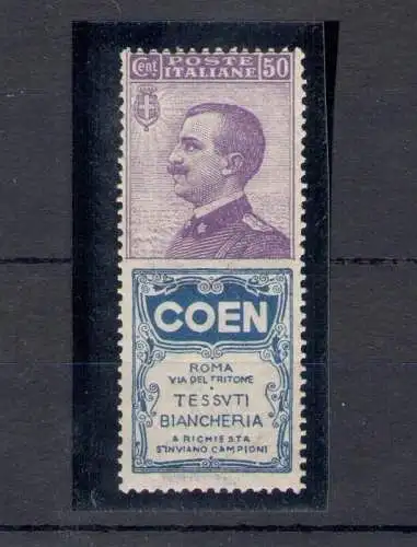 1924 Italien - Königreich, Werbe Nr. 10, 50 Cent COEN lila und blau, postfrisch ** Zertifikat. SORANI