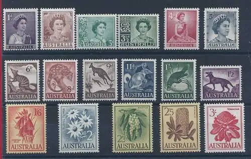 1959-62 AUSTRALIEN Elisabeth Tiere & Blumen 17 Werte Yvert 249/259 MNH/**