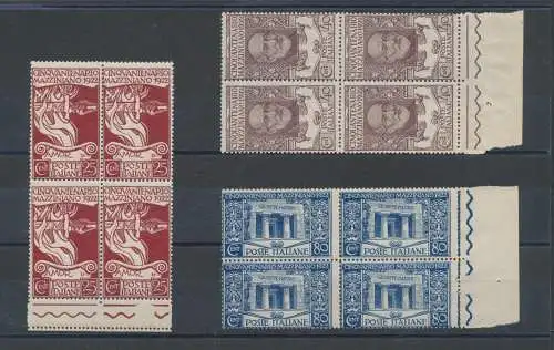 1922 Italien - Königreich, 50. Todestag von Giuseppe Mazzini Nr. 128/130, 3-Wert-Serie, Viererblock, postfrisch**