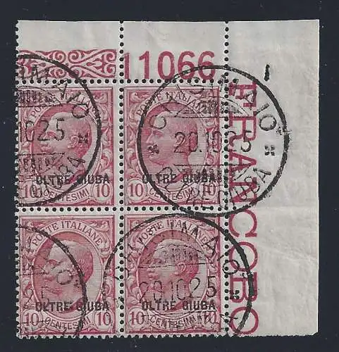 1925 OLTREGIUBA, Nr. 4 10 Cent. rosa QUARTINA GEBRAUCHT N. TISCH