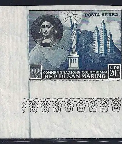 1952 SAN MARINO, Luftpost, Nr. 101c, Taube MNH** UNGEZAHNT ADF