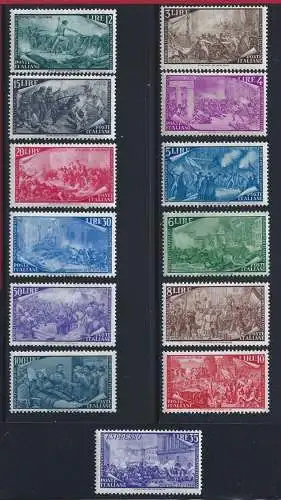 1948 Italien - Republik, Nr. 580/591 + E32 Risorgimento 13 Werte mnh** Cert. CILIO