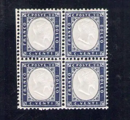 1862 Königreich Italien, Nr. 2 - 20 Cent Indigo, zentriertes Viertel mit Blattrand, postfrisch**