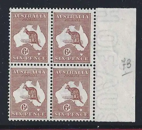 1923 AUSTRALIEN, Nr. 73 6d. Känguru VIERTEL BLATTRAND POSTFRISCH/**