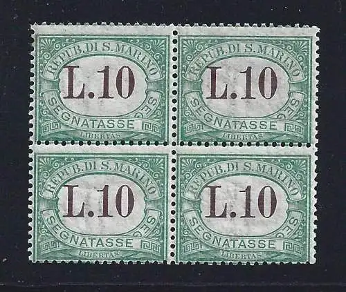 1924 SAN MARINO, Signatasse Nr. 18 10 grüne Lire QUARTINA MNH/**