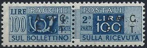 1947 TRIEST A - 100 Lire blau, zweizeiliger Überdruck, Postpakete Nr. 9/I, MNH ** - Blond zertifiziert