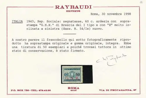 1943 Italienische Sozialrepublik, GNR Steuern 54 / Ie Brescia I. Typ VOLLGUMMI Zertifikat Raybaudi