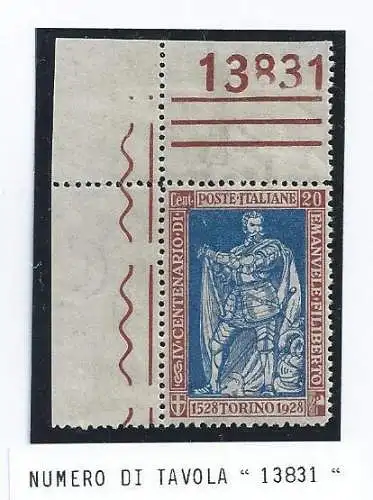 1928 Italien - Königreich, - Emanuele Filiberto, Nr. 230 N. TABELLE 13831 MNH ** ZENTRIERT