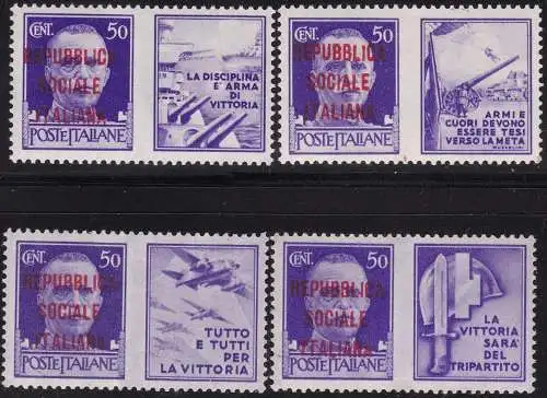 1944 Italienische Sozialrepubblica, PG Nr. 33I/36I 50 Cent. violett MNH / ** ÜBERDRUCK ABZIEHBILD - (4 WERTE)