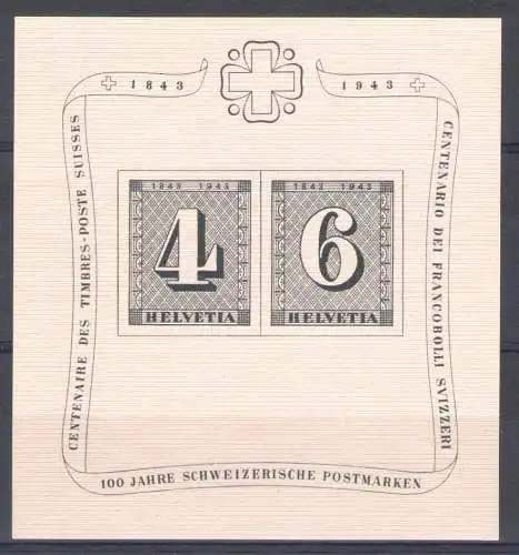 1943 SCHWEIZ, BF Nr. 9, Hundertjahrfeier der ersten Schweizer Briefmarke, postfrisch **