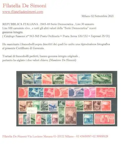 1945 Italien Republik, , postfrisch, kompletter Jahrgang 37 Werte, postfrisch** - Garantiezertifikat Philatelie De Simoni