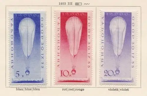 1933 RUSSLAND, Ballon UdSSR, Yvert Luftpost Nr. 38/40 Serie mit 3 Werten - MLH* - Gute Qualität