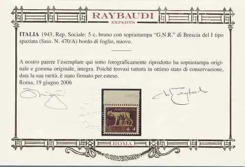 1943 Italienische Sozialrepublik, Nr. 470/A-485/A Drei-Werte-Serie mit VOLLGUMMI Raybaudi GOLD zertifiziert