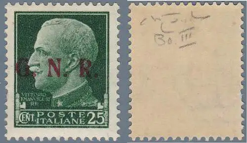 1943 Italienische Sozialrepublik, Nr. 474/III 25 c. grün Brescia III. Raybaudi Zertifikat Typ GOLD