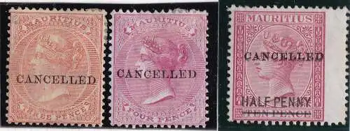 1878 MAURITIUS, SG 61-62-79 Wmk Crown CC 3 Werte überdruckt CANCELLED MH/MLH