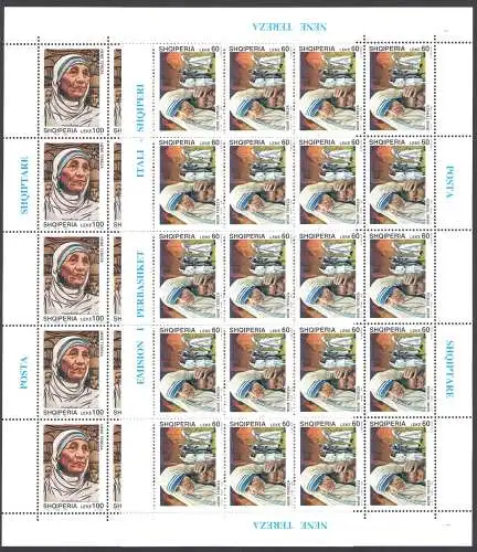 1998 Albanien Mutter Teresa von Kalkutta Gemeinsame Ausgabe - 2 Val in Kleinblättern von 20 MNH **