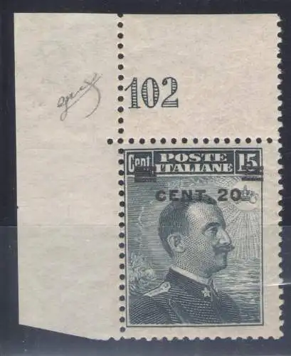 1916 Königreich Italien, Michetti aufgedruckt 20 Cent auf 15 Cent grau schwarz Nr. 106 Ungewöhnliche Tafelnummer