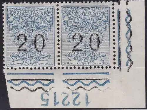 1924 Italien - Königreich, Steuermarken für Vaglia Nr. 1 MNH / ** SELTENES PAAR MIT TISCHNUMMER