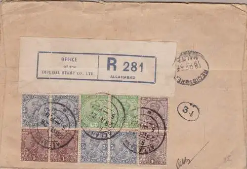 1926 INDIEN, Tricolor Reg. Brief von Allahabad nach Malta mit Georg V interessantes Porto