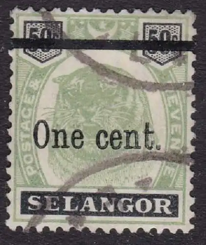 1900 SELANGOR, SG N. 66b 1c. auf 50c. grün und schwarz GEBRAUCHT