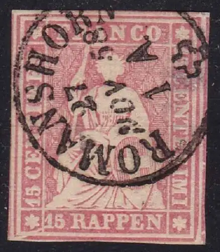 1855-57 SCHWEIZ, Zumstein Katalog Nr. 24 - 15 rosa karminrosa Rappen - Zertifikat Von der Weid + Sorte