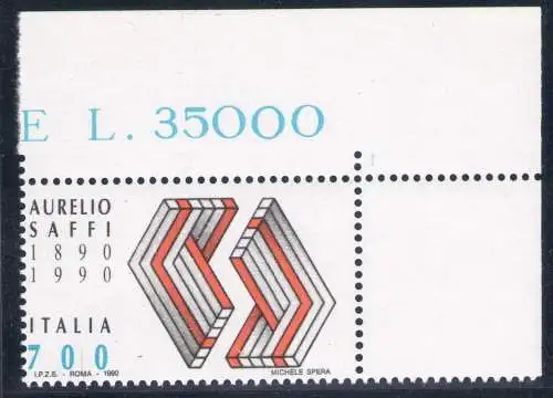 1990 Italienische Republik, SAFFI ROSSO Nr. 1563 Farbe Rot Naturmarke Blattwinkel Nr. 1563 1563Ab SELTEN POSTFRISCH**