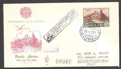 1951 SAN MARINO, PA 97 ANSICHT 500 Lire - VENETIEN Nr. 93, REISE MIT DEM LUFTWEG in die USA