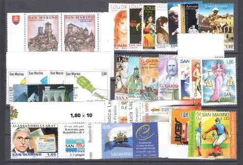 2007 San Marino, postfrisch, kompletter Jahrgang, 32 Werte + 4 Zettel - postfrisch **