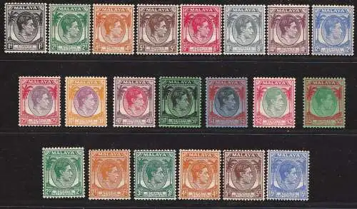 1937-41 STRAITS SETTLEMENTS - Stanley Gibbons n. 278/298 - Bildnis Georg VI. - Serie 21 Werte - postfrisch **