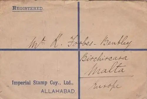 1926 INDIEN Einschreiben von Allahabad nach Malta mit Briefmarken Georg V.